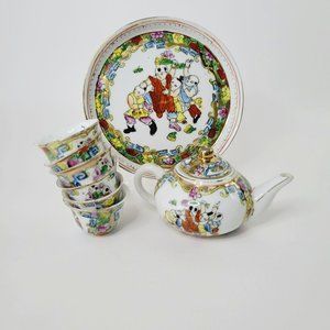 Small Hand Painted Chinese Tea Ceremony Set Gold Trim Male Figures Bright Flower
